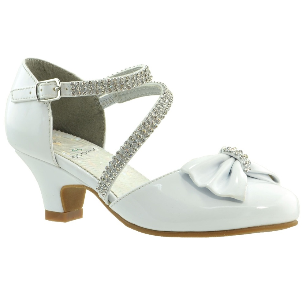 White Rhinestone Strap Bow With Low Heel